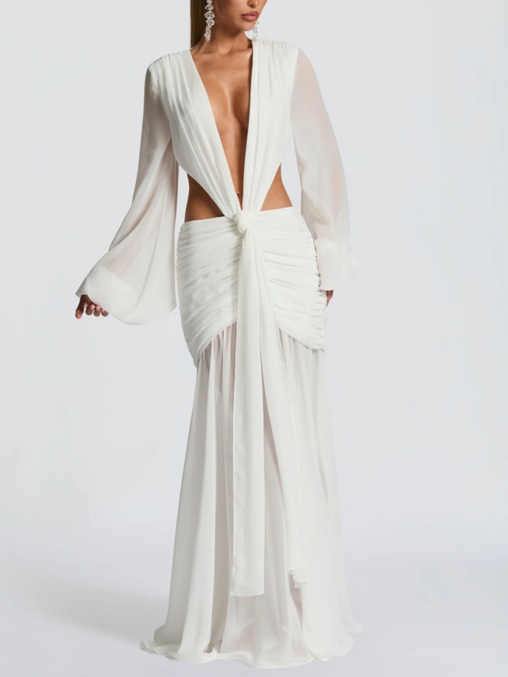 White Plunging Knot-Front Maxi Dress
